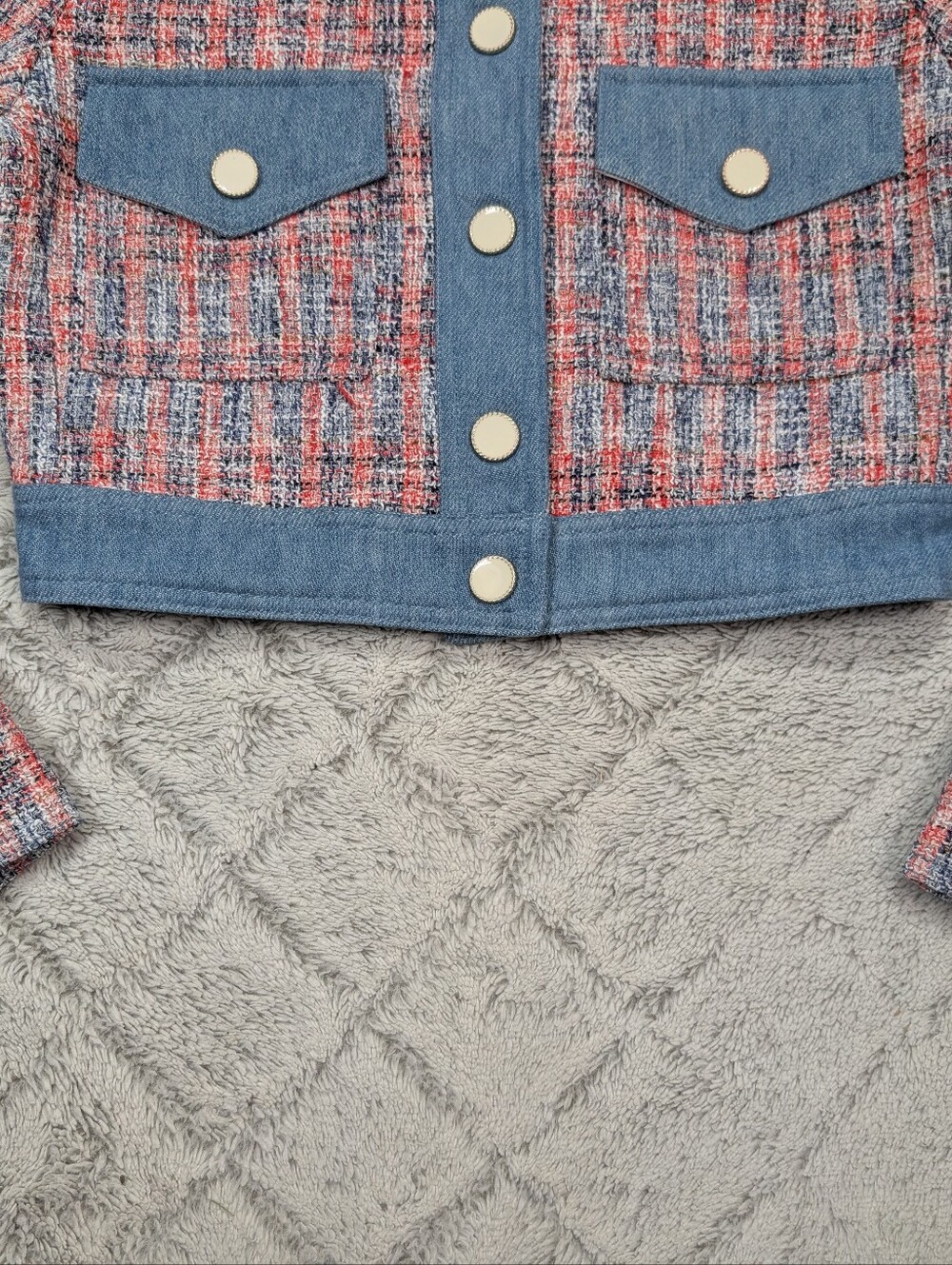 House of Harlow 1960 Jacket Womens XS Blue Red Denim Tweed Crop Preppy Retro - Picture 4 of 8